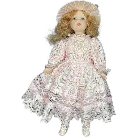 Porcelain Girl Doll in Blush Pink Lace Dress with Sunburst Hat - Picture 10 of 11